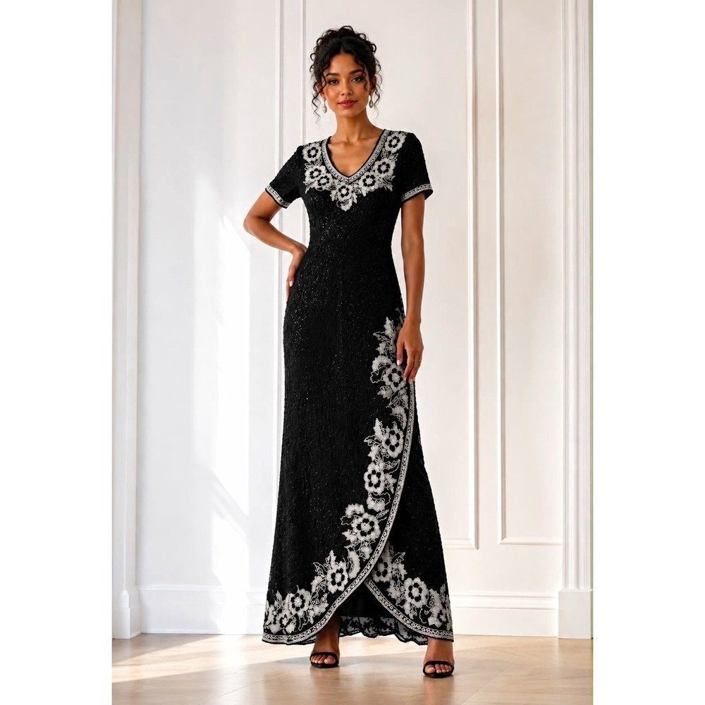 Size M- Lawrence Kazer Vintage Black White Sequin Embroidered V-Neck Long Gown M